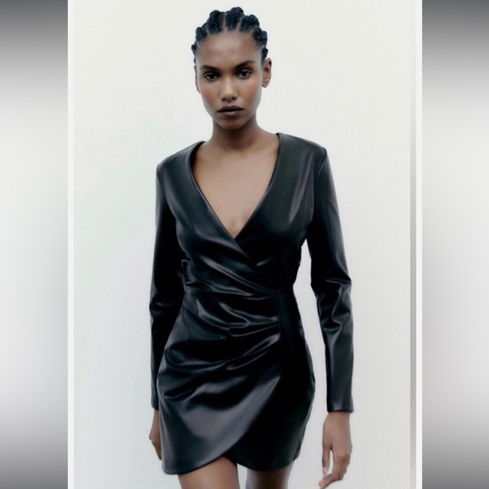 Zara leather Elegant Black Wrap Dress